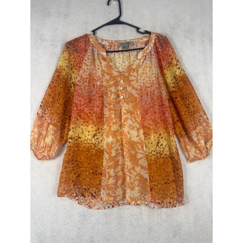 Figueroa & Flower Blouse Womens Small Orange Floral 3/4 Sleeve Boho Top